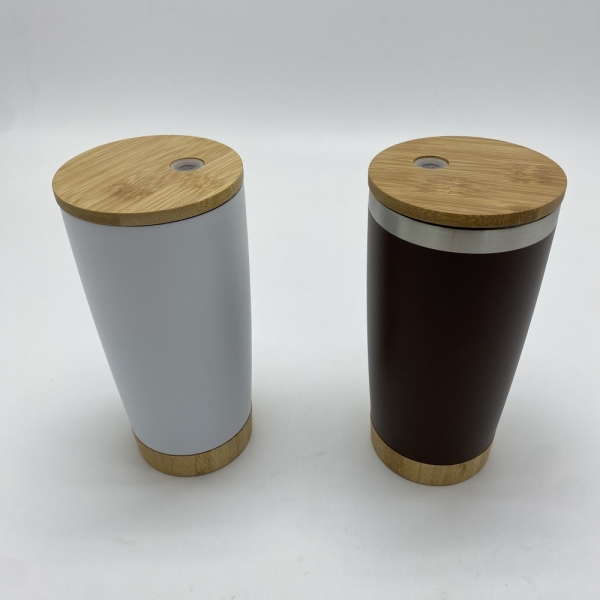 Double wall Vacuum straw cup with Bamboo lid & base