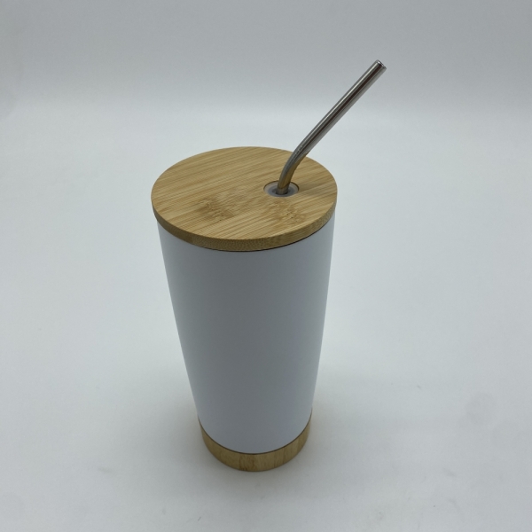 Double wall Vacuum straw cup with Bamboo lid & base