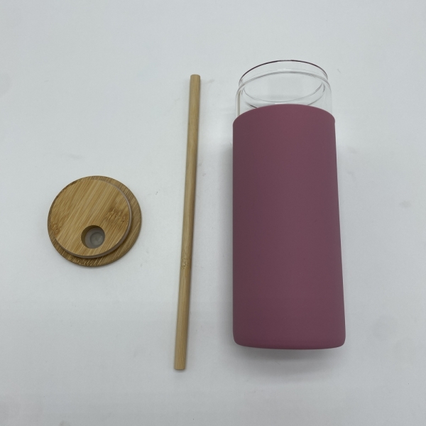Glass cup with Bamboo straw bamboo lid and Silicon cover  