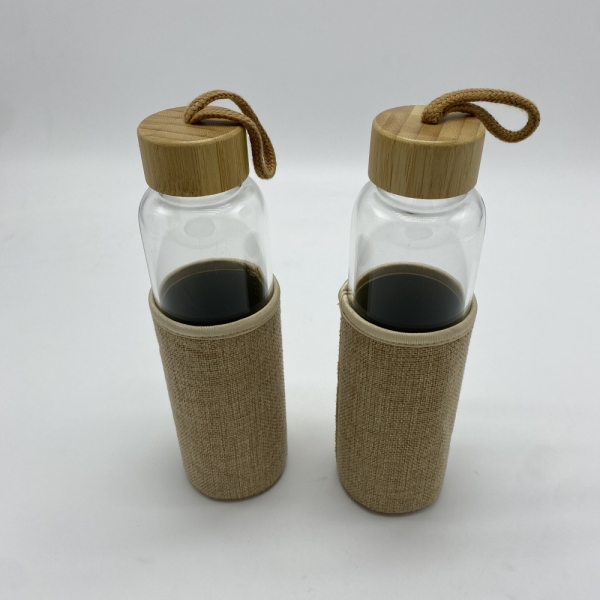 Glass water bottle with Bamboo lid & linen cloth cover