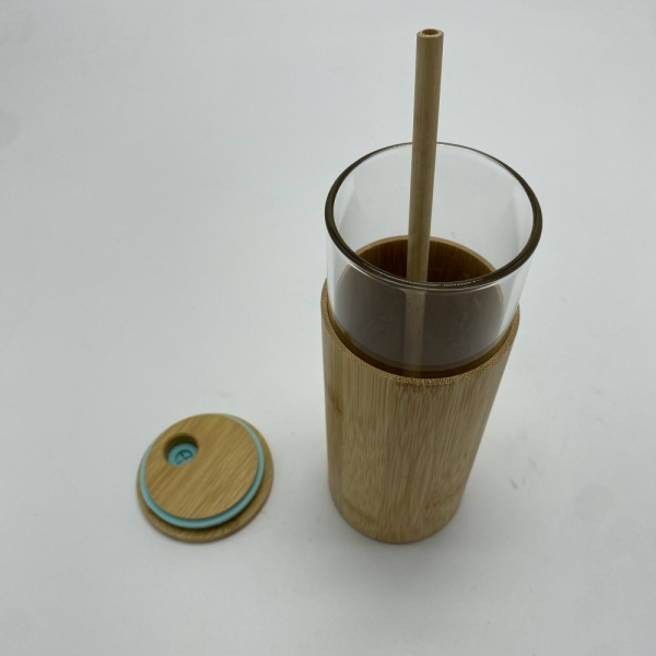 Glass cup with Bamboo straw bamboo lid and Bamboo cover