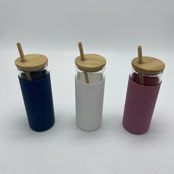 Glass cup with Bamboo straw bamboo lid and Silicon cover  