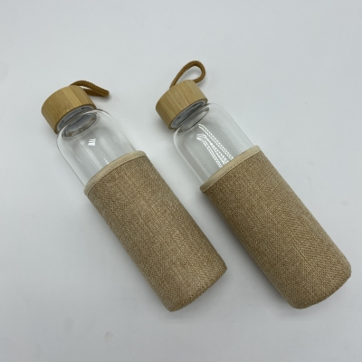 Glass water bottle with Bamboo lid & linen cloth cover