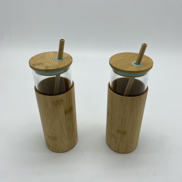Glass cup with Bamboo straw bamboo lid and Bamboo cover