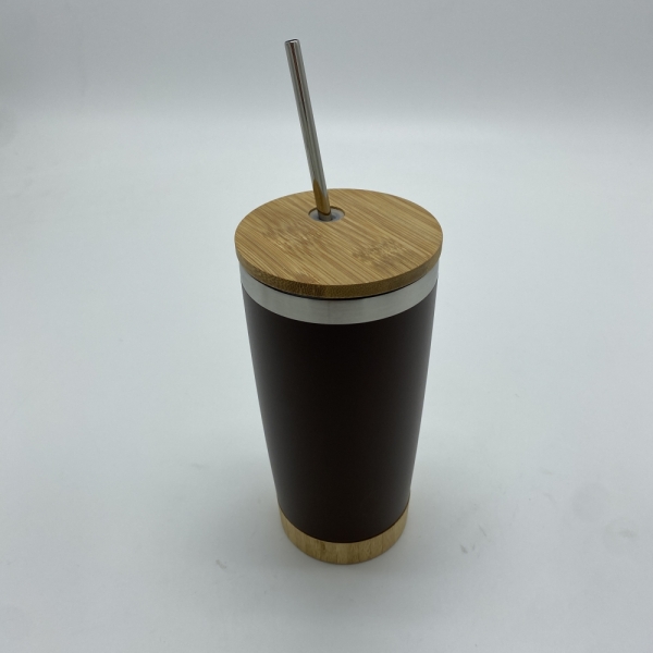 Double wall Vacuum straw cup with Bamboo lid & base