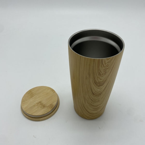 Vacuum flask with Bamboo lid & Water transfer bamboo pattern on body 