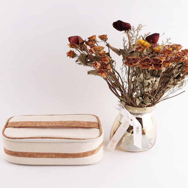 Cotton Canvas Organizing and Wood Grain Travel Toiletry Storage Bag Set 