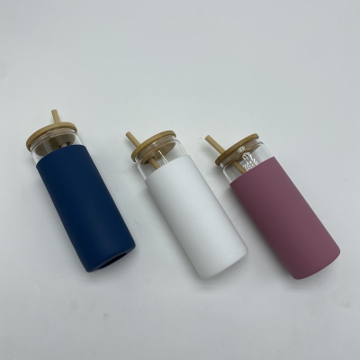 Glass cup with Bamboo straw bamboo lid and Silicon cover  