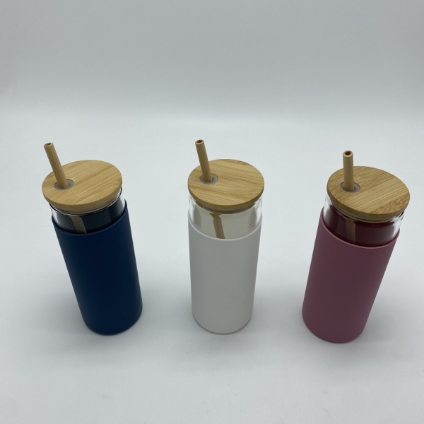 Glass cup with Bamboo straw bamboo lid and Silicon cover  