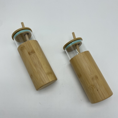 Glass cup with Bamboo straw bamboo lid and Bamboo cover
